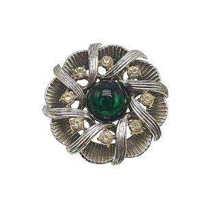 Vintage Silver Tone Brooch With Green Clear Rhinestones